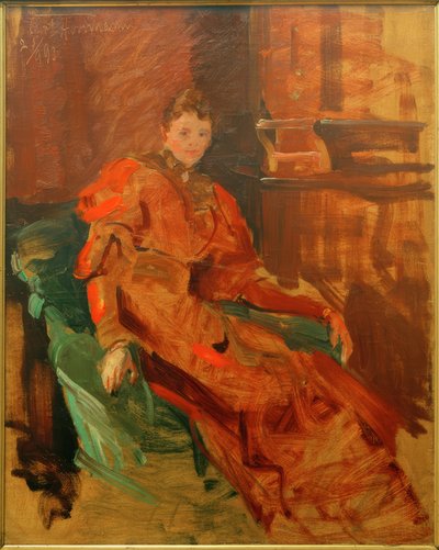 Lady in Red Dress on Green Chair by Curt Herrmann